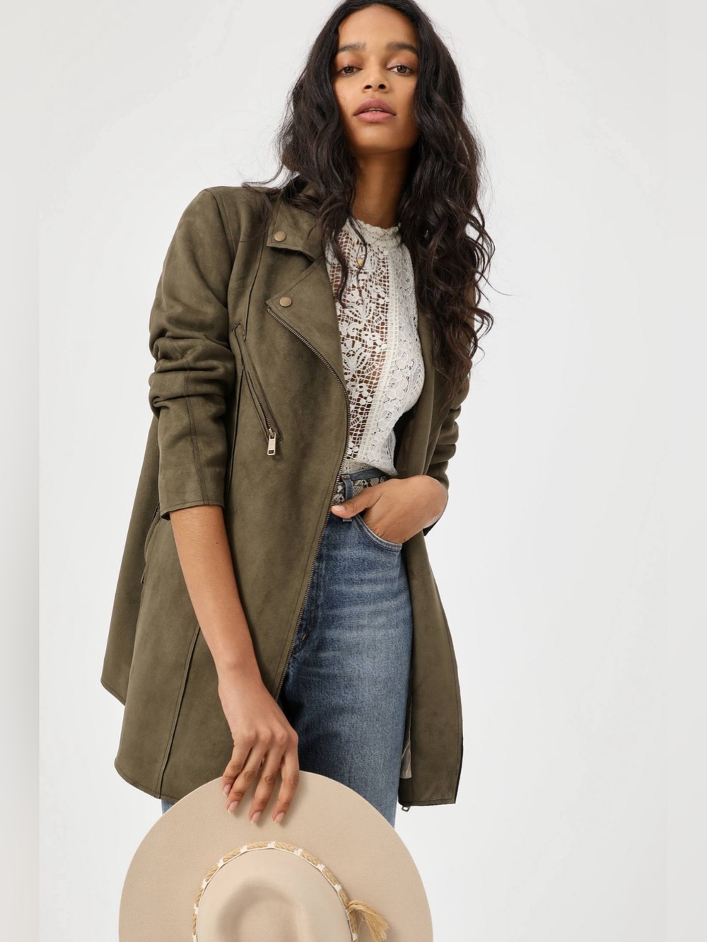 Anthropologie Ripley Sueded Longline Moto Jacket Olive Green Size Small NWOT
